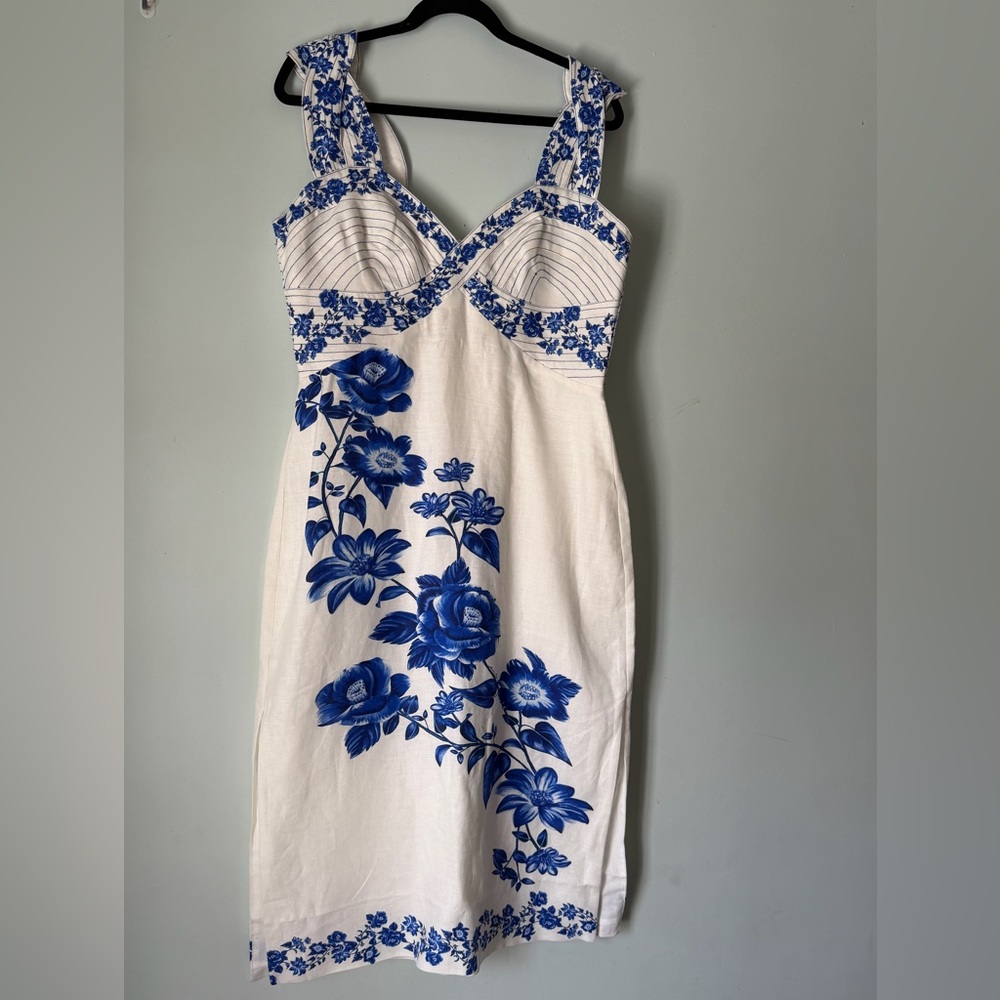 Farm Rio Blue Floral Linen Dress L NWT Smocked Back